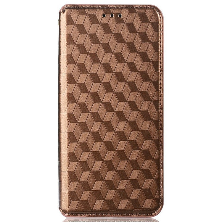 For Realme C33 4G PU Leather Flip Folio Wallet Phone Case Rhombus Pattern Imprinted Magnetic Absorption Stand Flip Cover - Brown