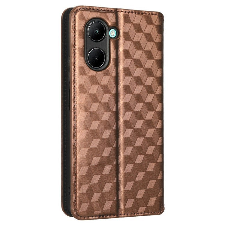 For Realme C33 4G PU Leather Flip Folio Wallet Phone Case Rhombus Pattern Imprinted Magnetic Absorption Stand Flip Cover - Brown