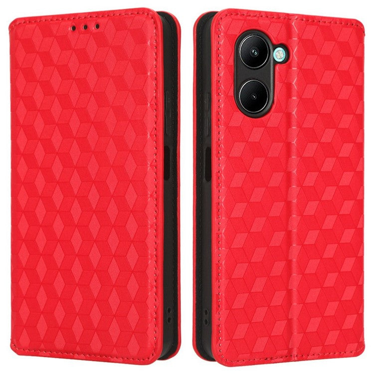 For Realme C33 4G PU Leather Flip Folio Wallet Phone Case Rhombus Pattern Imprinted Magnetic Absorption Stand Flip Cover - Red