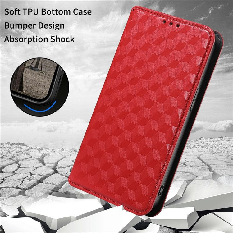 For Realme C33 4G PU Leather Flip Folio Wallet Phone Case Rhombus Pattern Imprinted Magnetic Absorption Stand Flip Cover - Red