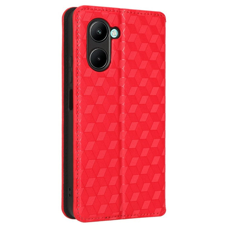 For Realme C33 4G PU Leather Flip Folio Wallet Phone Case Rhombus Pattern Imprinted Magnetic Absorption Stand Flip Cover - Red