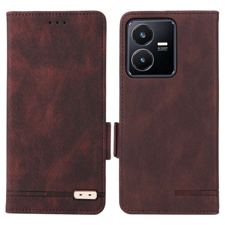 For vivo Y22s 4G / Y35 4G (2022) PU Leather Wallet Cover Stand Feature Hardware Decor Magnetic Closure Flip Phone Case - Coffee