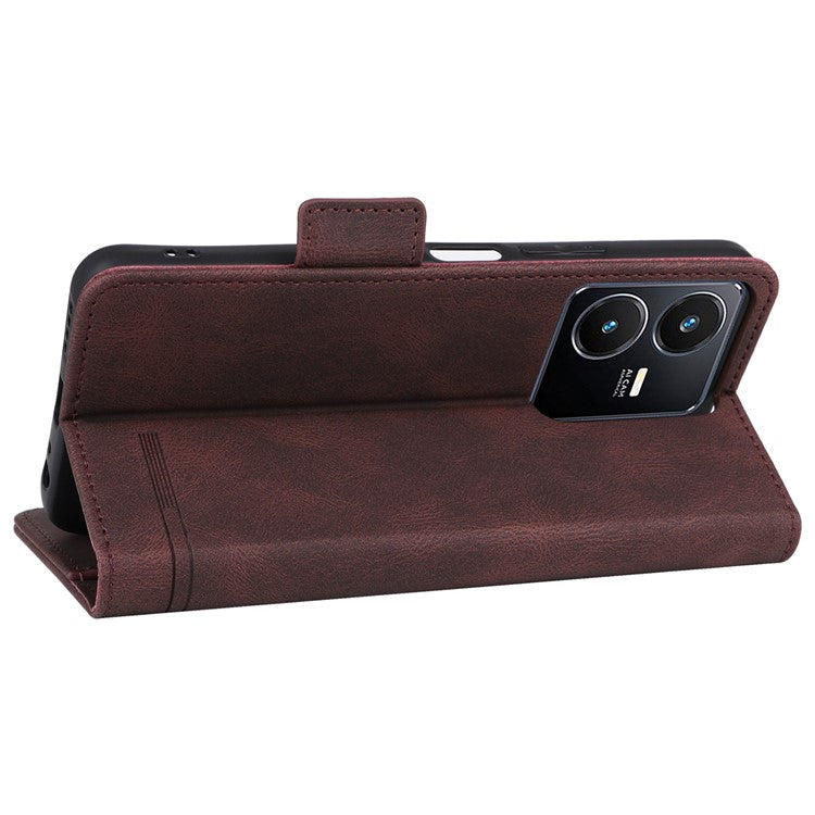 For vivo Y22s 4G / Y35 4G (2022) PU Leather Wallet Cover Stand Feature Hardware Decor Magnetic Closure Flip Phone Case - Coffee