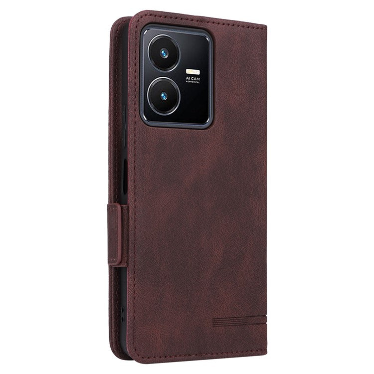 For vivo Y22s 4G / Y35 4G (2022) PU Leather Wallet Cover Stand Feature Hardware Decor Magnetic Closure Flip Phone Case - Coffee