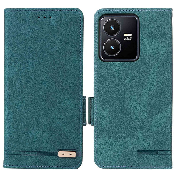 For vivo Y22s 4G / Y35 4G (2022) PU Leather Wallet Cover Stand Feature Hardware Decor Magnetic Closure Flip Phone Case - Blue