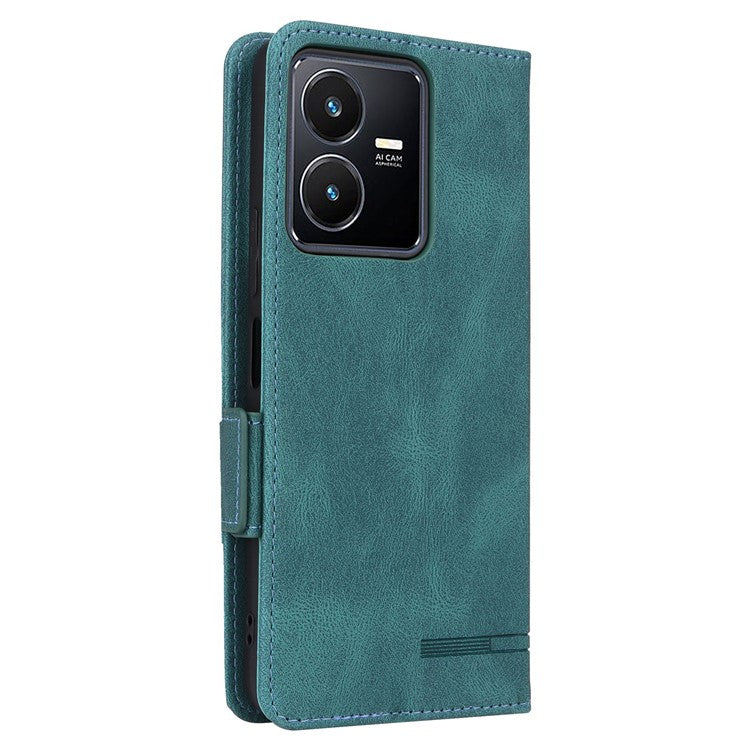 For vivo Y22s 4G / Y35 4G (2022) PU Leather Wallet Cover Stand Feature Hardware Decor Magnetic Closure Flip Phone Case - Blue