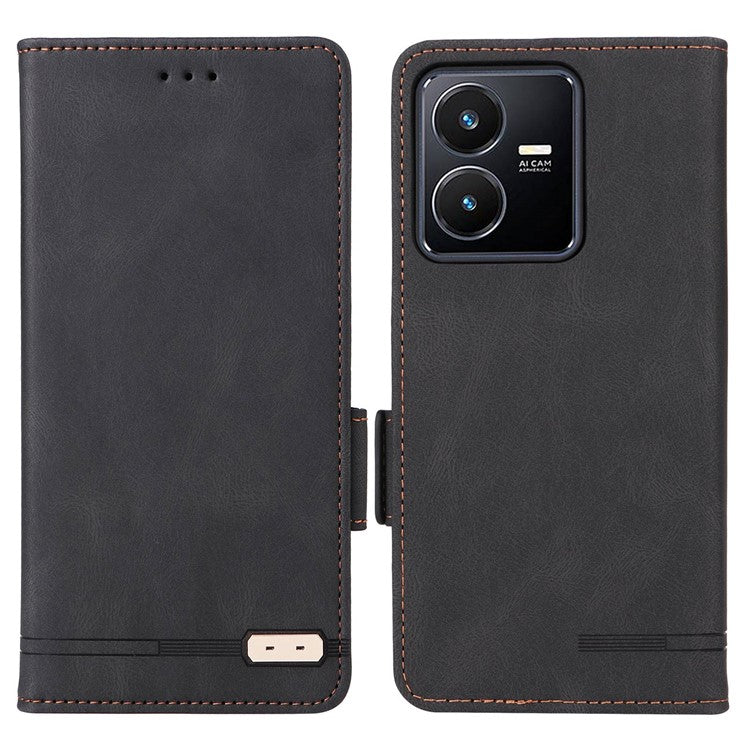 For vivo Y22s 4G / Y35 4G (2022) PU Leather Wallet Cover Stand Feature Hardware Decor Magnetic Closure Flip Phone Case - Black