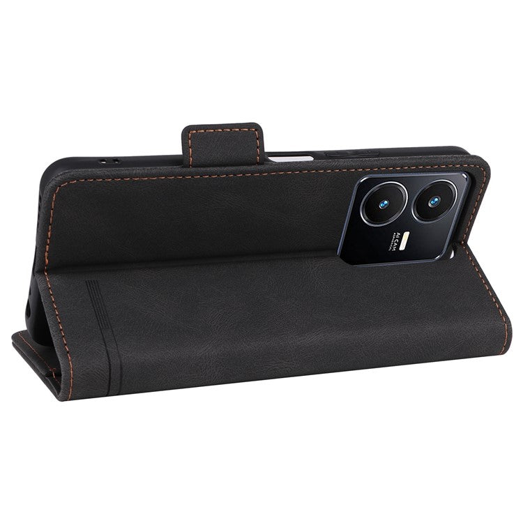 For vivo Y22s 4G / Y35 4G (2022) PU Leather Wallet Cover Stand Feature Hardware Decor Magnetic Closure Flip Phone Case - Black