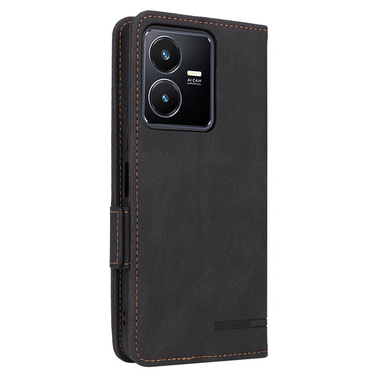 For vivo Y22s 4G / Y35 4G (2022) PU Leather Wallet Cover Stand Feature Hardware Decor Magnetic Closure Flip Phone Case - Black