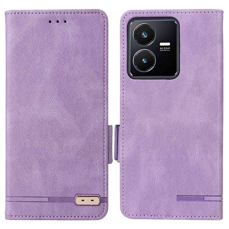 For vivo Y22s 4G / Y35 4G (2022) PU Leather Wallet Cover Stand Feature Hardware Decor Magnetic Closure Flip Phone Case - Purple