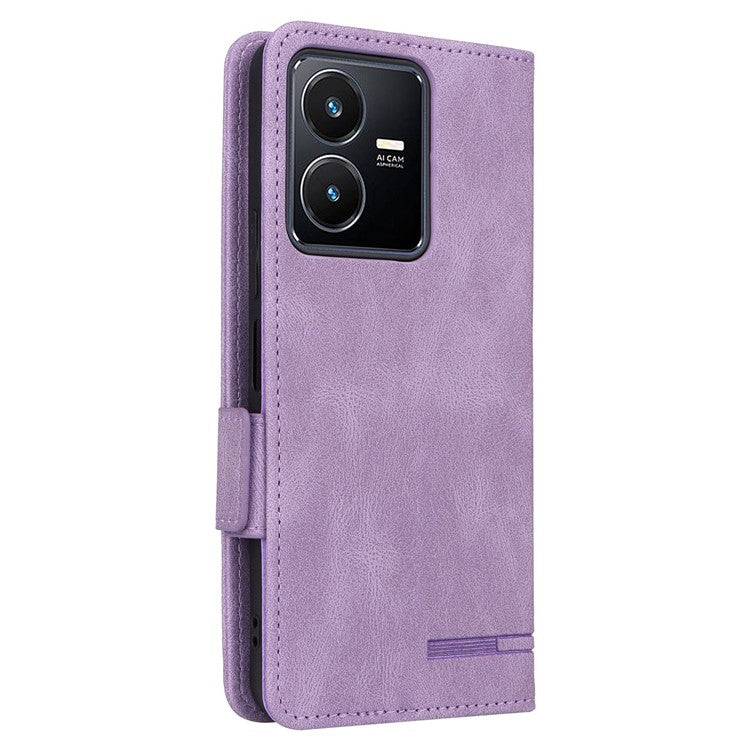 For vivo Y22s 4G / Y35 4G (2022) PU Leather Wallet Cover Stand Feature Hardware Decor Magnetic Closure Flip Phone Case - Purple