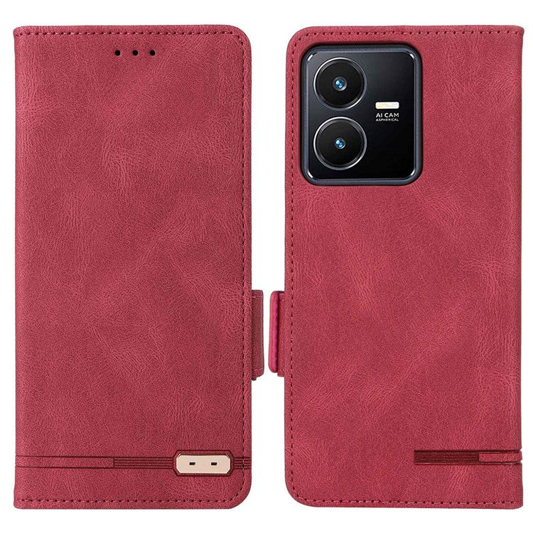 For vivo Y22s 4G / Y35 4G (2022) PU Leather Wallet Cover Stand Feature Hardware Decor Magnetic Closure Flip Phone Case - Rose