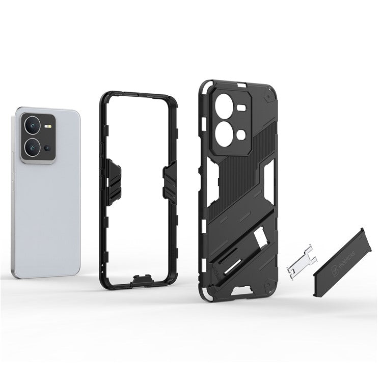 Hard PC + Soft TPU Anti-drop Case for vivo V25 5G, Kickstand Cell Phone Shockproof Cover - Black