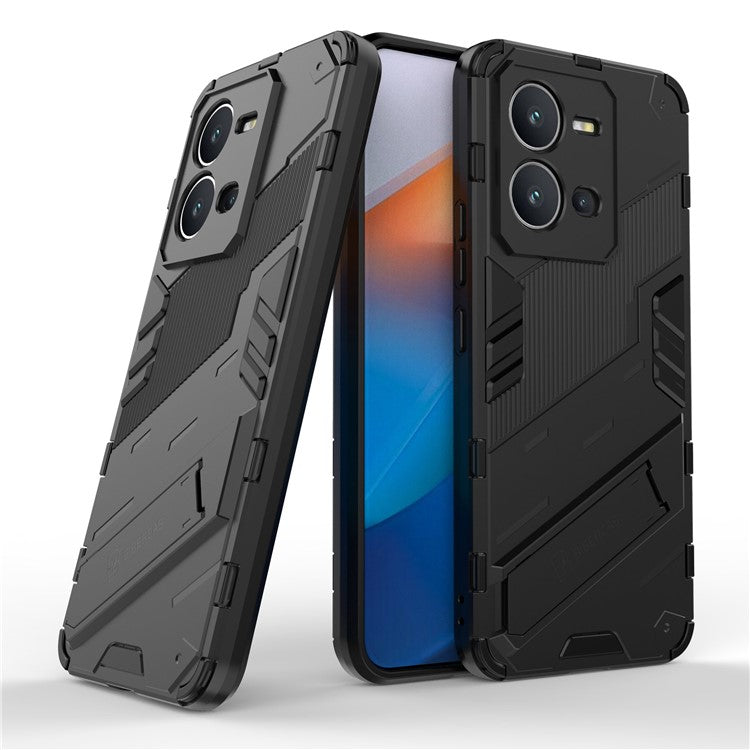 Hard PC + Soft TPU Anti-drop Case for vivo V25 5G, Kickstand Cell Phone Shockproof Cover - Black