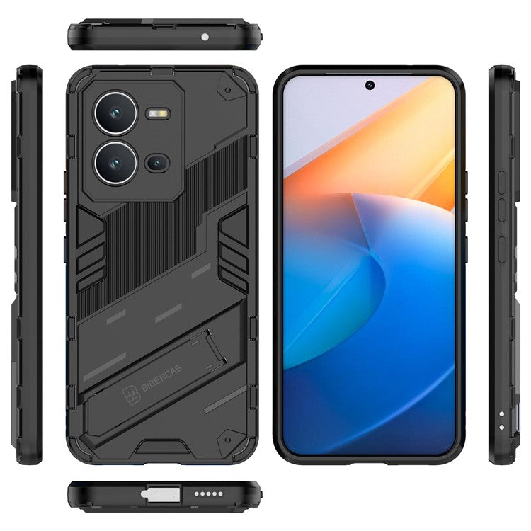 Hard PC + Soft TPU Anti-drop Case for vivo V25 5G, Kickstand Cell Phone Shockproof Cover - Black