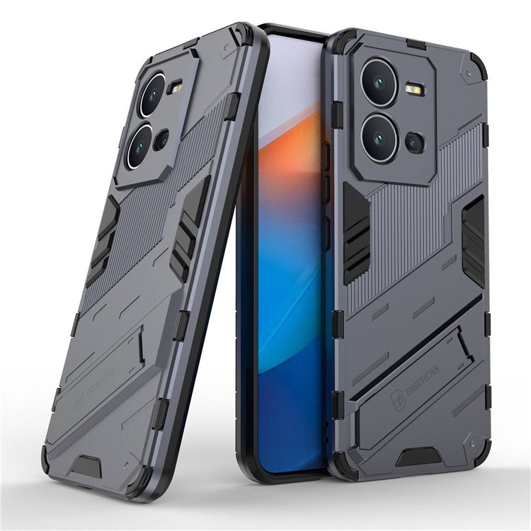 Hard PC + Soft TPU Anti-drop Case for vivo V25 5G, Kickstand Cell Phone Shockproof Cover - Dark Blue