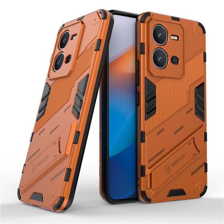 Hard PC + Soft TPU Anti-drop Case for vivo V25 5G, Kickstand Cell Phone Shockproof Cover - Orange