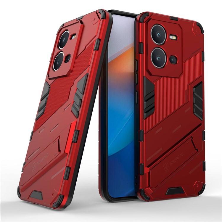 Hard PC + Soft TPU Anti-drop Case for vivo V25 5G, Kickstand Cell Phone Shockproof Cover - Red