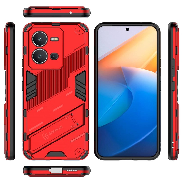 Hard PC + Soft TPU Anti-drop Case for vivo V25 5G, Kickstand Cell Phone Shockproof Cover - Red