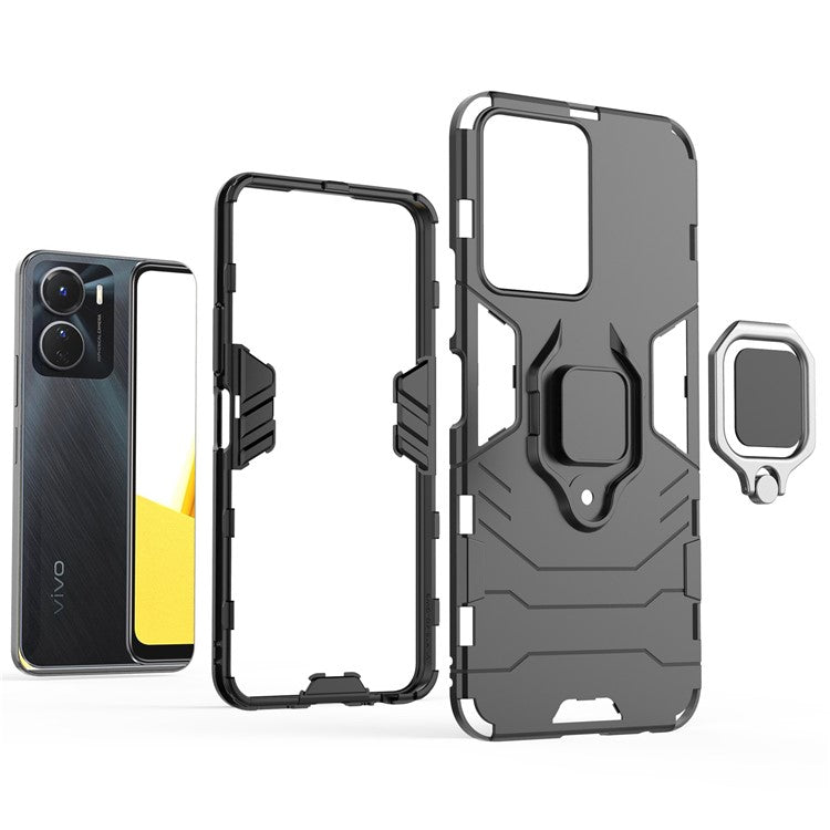 Anti-fall Phone Case For vivo Y16 4G, Ring Holder Kickstand Hybrid Hard PC Soft TPU Protective Phone Cover - Black