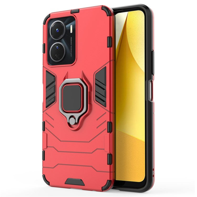 Anti-fall Phone Case For vivo Y16 4G, Ring Holder Kickstand Hybrid Hard PC Soft TPU Protective Phone Cover - Red