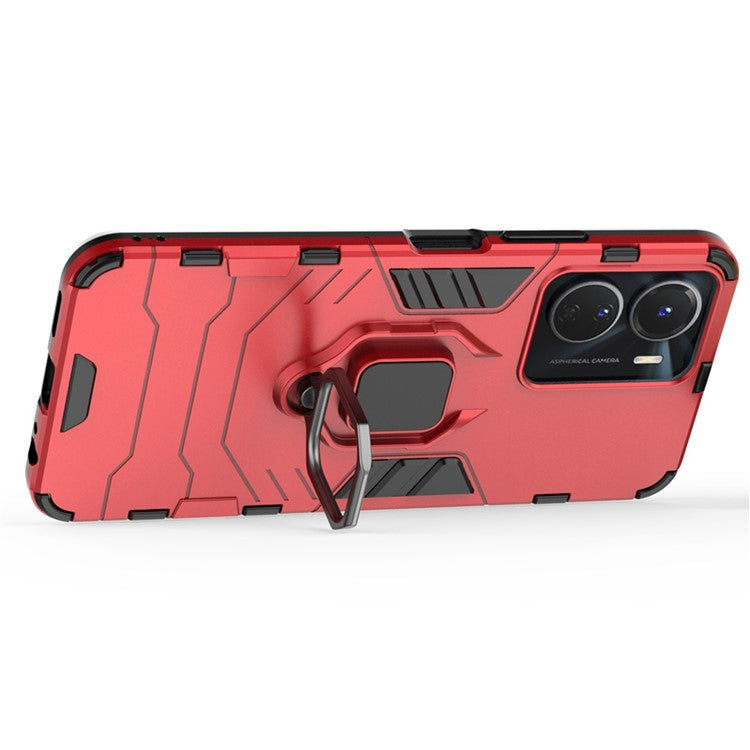 Anti-fall Phone Case For vivo Y16 4G, Ring Holder Kickstand Hybrid Hard PC Soft TPU Protective Phone Cover - Red