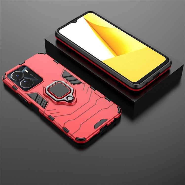 Anti-fall Phone Case For vivo Y16 4G, Ring Holder Kickstand Hybrid Hard PC Soft TPU Protective Phone Cover - Red