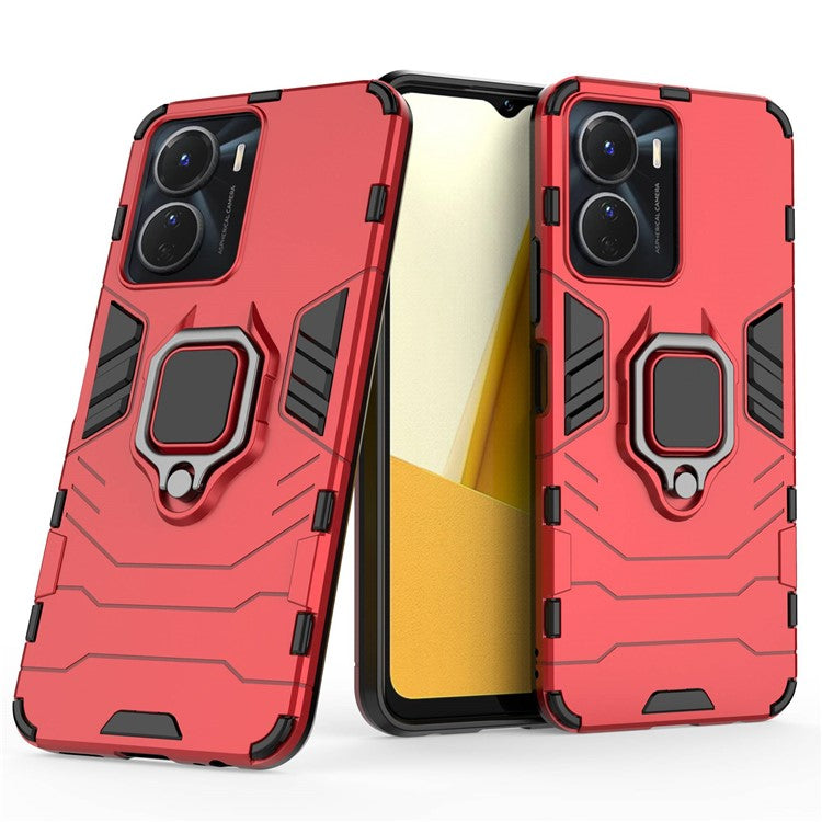 Anti-fall Phone Case For vivo Y16 4G, Ring Holder Kickstand Hybrid Hard PC Soft TPU Protective Phone Cover - Red