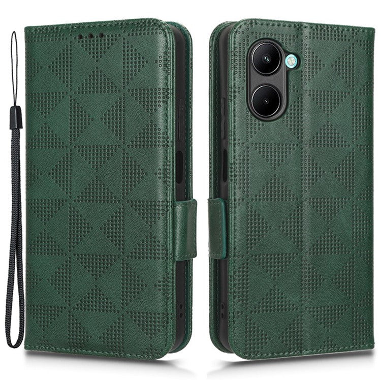 For Realme C33 4G  Imprinted Triangle Pattern PU Leather Phone Case Magnetic Handbag Hand Strap Flip Stand Wallet Cover - Green