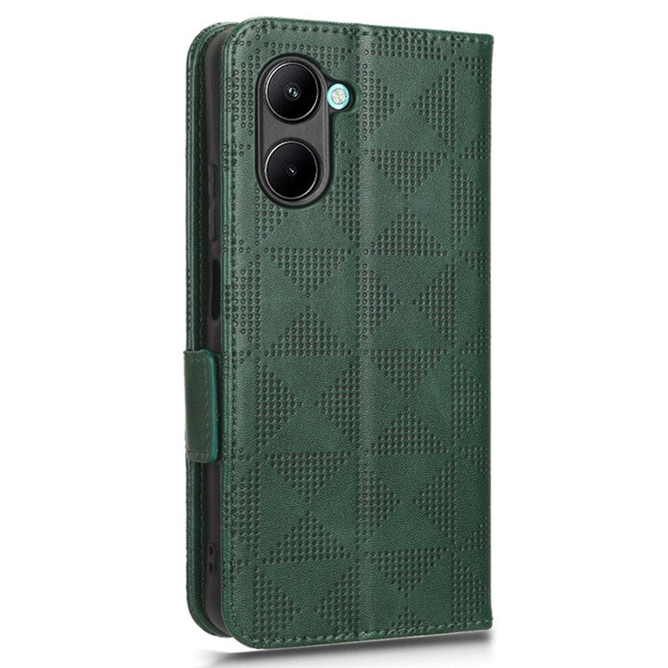 For Realme C33 4G  Imprinted Triangle Pattern PU Leather Phone Case Magnetic Handbag Hand Strap Flip Stand Wallet Cover - Green