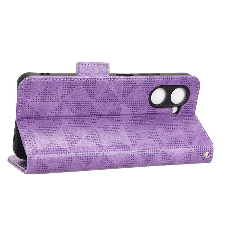 For Realme C33 4G  Imprinted Triangle Pattern PU Leather Phone Case Magnetic Handbag Hand Strap Flip Stand Wallet Cover - Purple