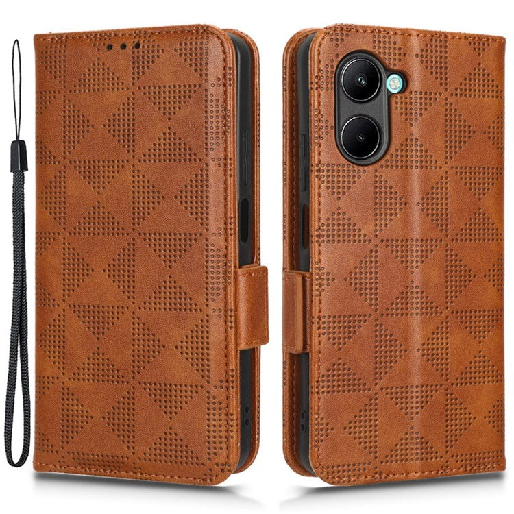 For Realme C33 4G  Imprinted Triangle Pattern PU Leather Phone Case Magnetic Handbag Hand Strap Flip Stand Wallet Cover - Brown