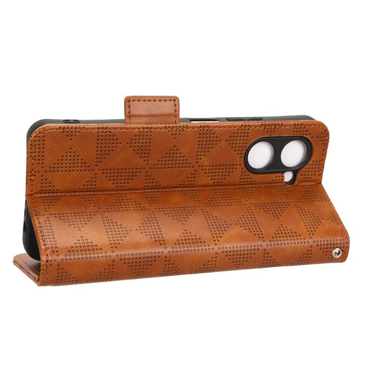 For Realme C33 4G  Imprinted Triangle Pattern PU Leather Phone Case Magnetic Handbag Hand Strap Flip Stand Wallet Cover - Brown