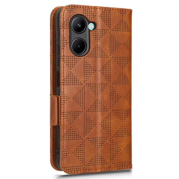 For Realme C33 4G  Imprinted Triangle Pattern PU Leather Phone Case Magnetic Handbag Hand Strap Flip Stand Wallet Cover - Brown