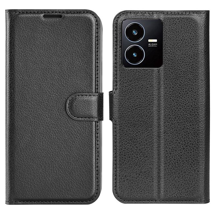 For vivo Y22s 4G Litchi Texture PU Leather + TPU Full Protection Case Wallet Stand Phone Cover - Black