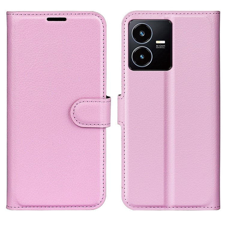 For vivo Y22s 4G Litchi Texture PU Leather + TPU Full Protection Case Wallet Stand Phone Cover - Pink