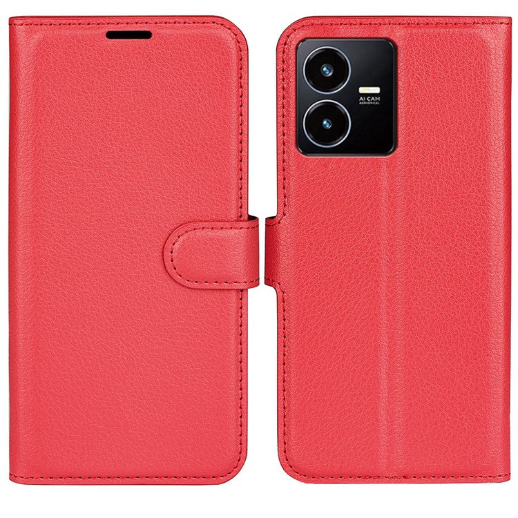 For vivo Y22s 4G Litchi Texture PU Leather + TPU Full Protection Case Wallet Stand Phone Cover - Red