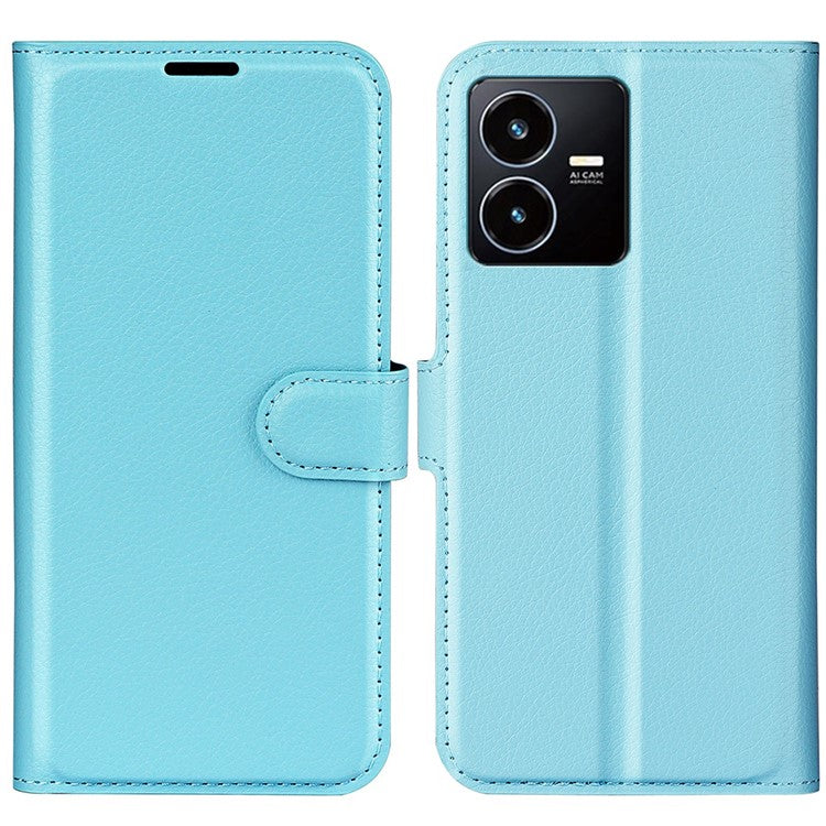 For vivo Y22s 4G Litchi Texture PU Leather + TPU Full Protection Case Wallet Stand Phone Cover - Blue