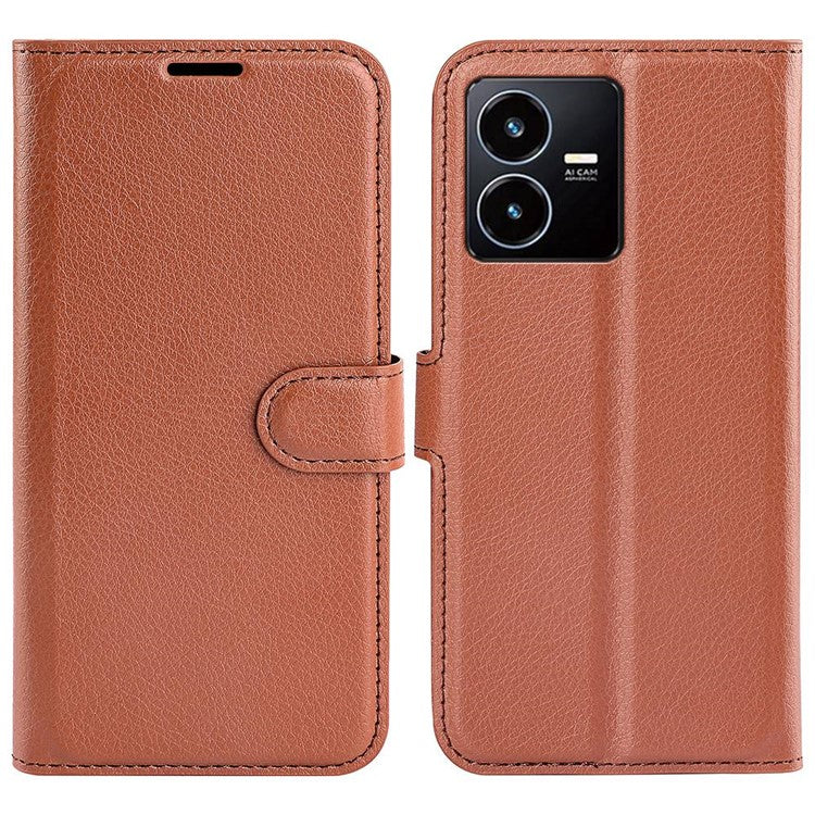 For vivo Y22s 4G Litchi Texture PU Leather + TPU Full Protection Case Wallet Stand Phone Cover - Brown