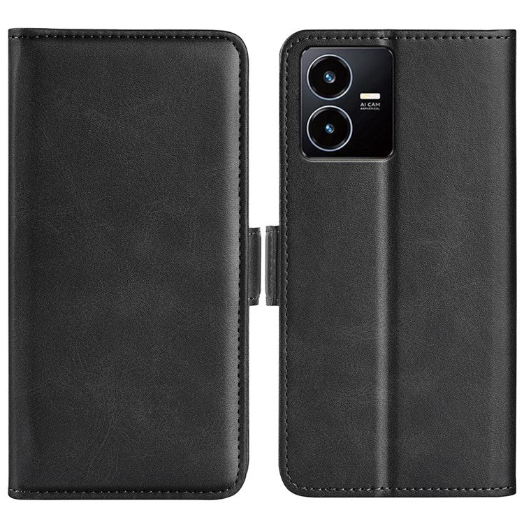 For vivo Y22s 4G Calf Texture PU Leather Wallet Stand Case Anti-scratch Dual Magnetic Clasp Phone Cover - Black