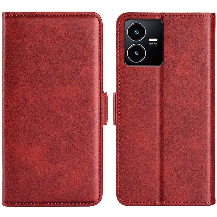 For vivo Y22s 4G Calf Texture PU Leather Wallet Stand Case Anti-scratch Dual Magnetic Clasp Phone Cover - Red