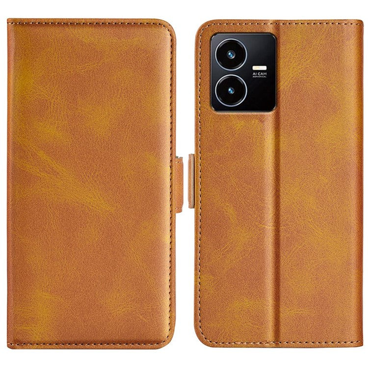 For vivo Y22s 4G Calf Texture PU Leather Wallet Stand Case Anti-scratch Dual Magnetic Clasp Phone Cover - Yellow