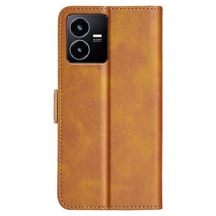 For vivo Y22s 4G Calf Texture PU Leather Wallet Stand Case Anti-scratch Dual Magnetic Clasp Phone Cover - Yellow