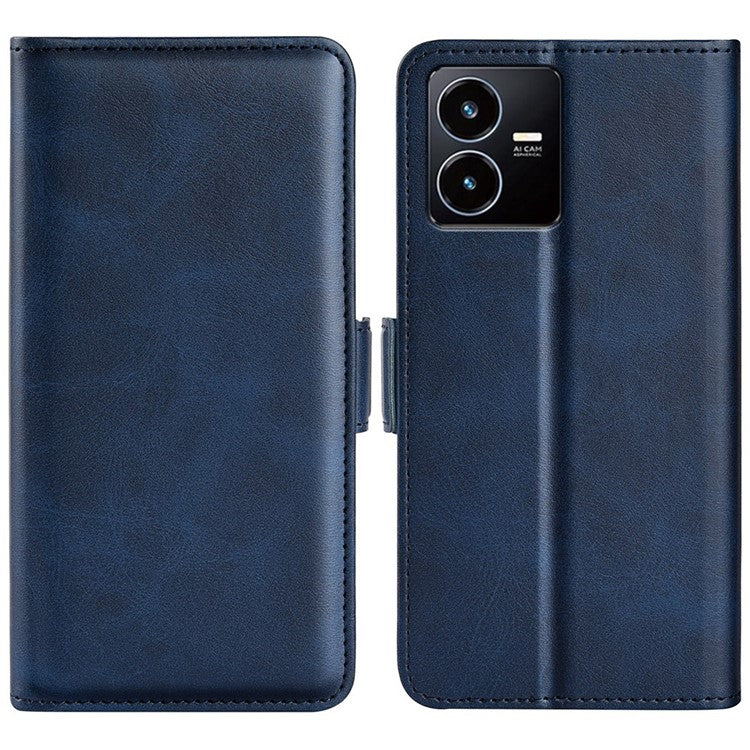 For vivo Y22s 4G Calf Texture PU Leather Wallet Stand Case Anti-scratch Dual Magnetic Clasp Phone Cover - Blue