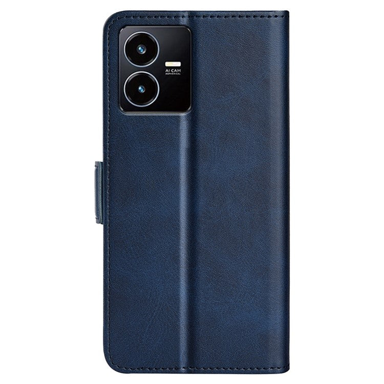 For vivo Y22s 4G Calf Texture PU Leather Wallet Stand Case Anti-scratch Dual Magnetic Clasp Phone Cover - Blue