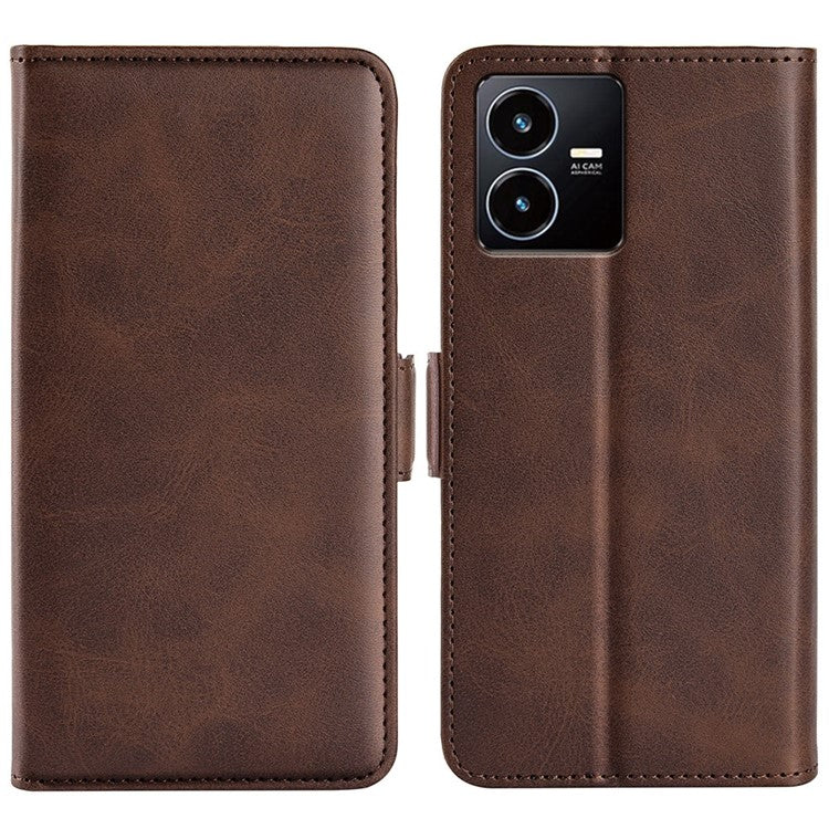 For vivo Y22s 4G Calf Texture PU Leather Wallet Stand Case Anti-scratch Dual Magnetic Clasp Phone Cover - Brown