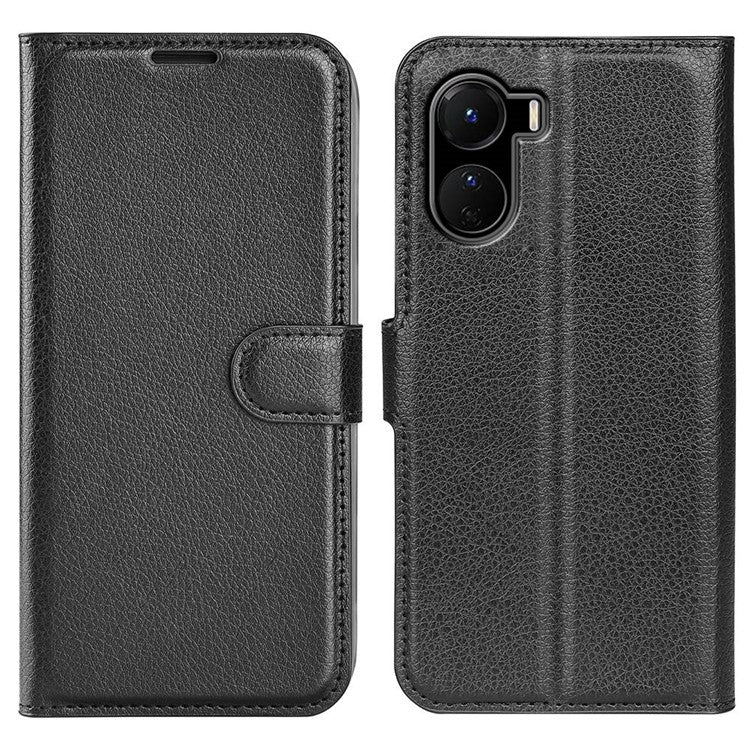 For vivo Y16 4G Litchi Texture PU Leather Wallet Stand Case Magnetic Clasp Folio Flip Protective Cover - Black