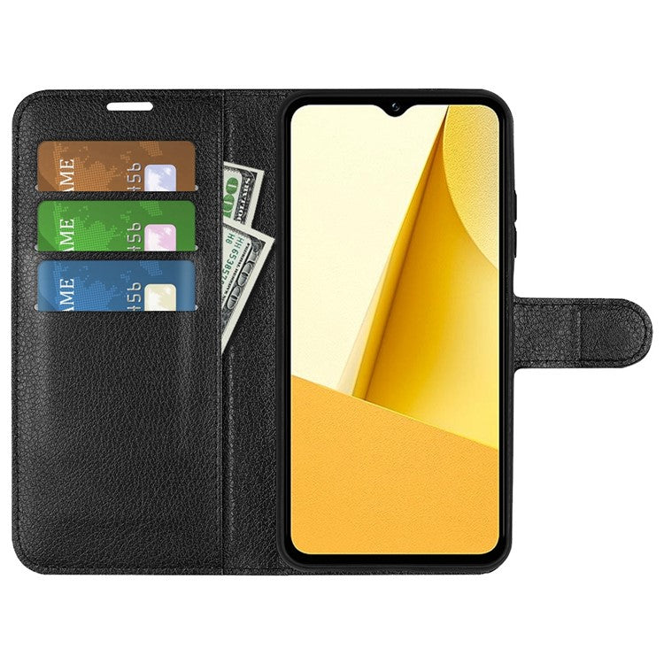 For vivo Y16 4G Litchi Texture PU Leather Wallet Stand Case Magnetic Clasp Folio Flip Protective Cover - Black