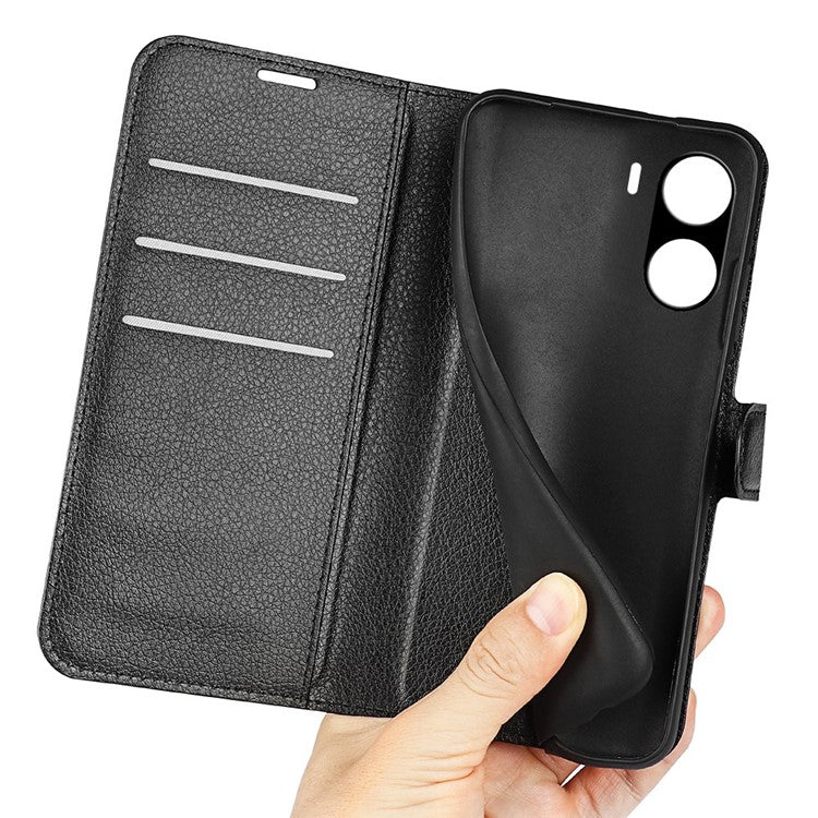 For vivo Y16 4G Litchi Texture PU Leather Wallet Stand Case Magnetic Clasp Folio Flip Protective Cover - Black