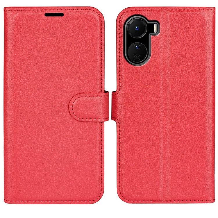 For vivo Y16 4G Litchi Texture PU Leather Wallet Stand Case Magnetic Clasp Folio Flip Protective Cover - Red